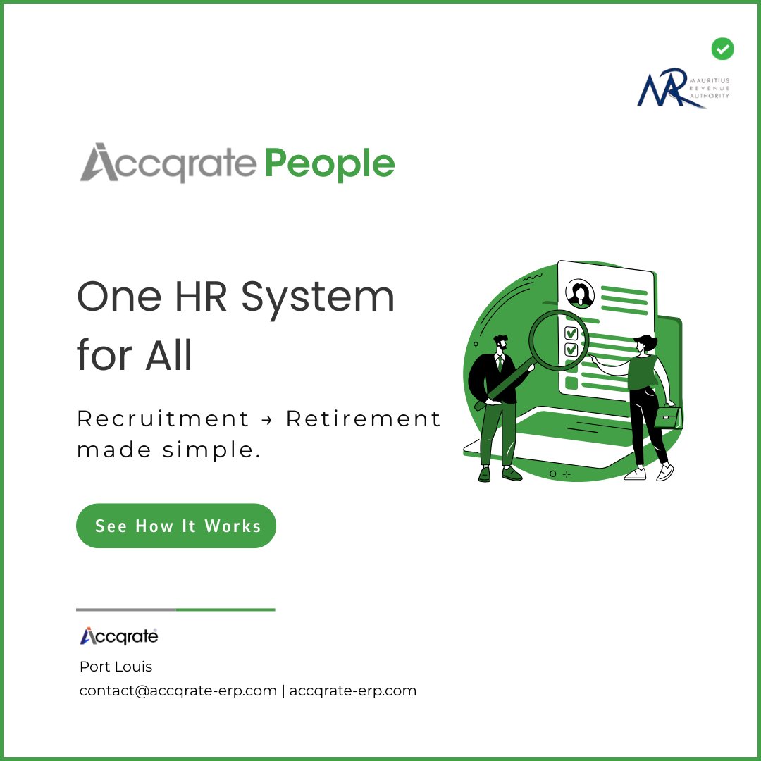 AccqrateM's tweet image. Complete HR Solution with Accqrate People
From hire to retire—Accqrate People covers the full employee lifecycle, including payroll, and is MRA compliant.
#MRA #MauritiusTech #EmployeeLifecycle #AccqratePeople #HR #PayrollServices #MauritiusERP #MauritiusBusiness #MauritiusIsland