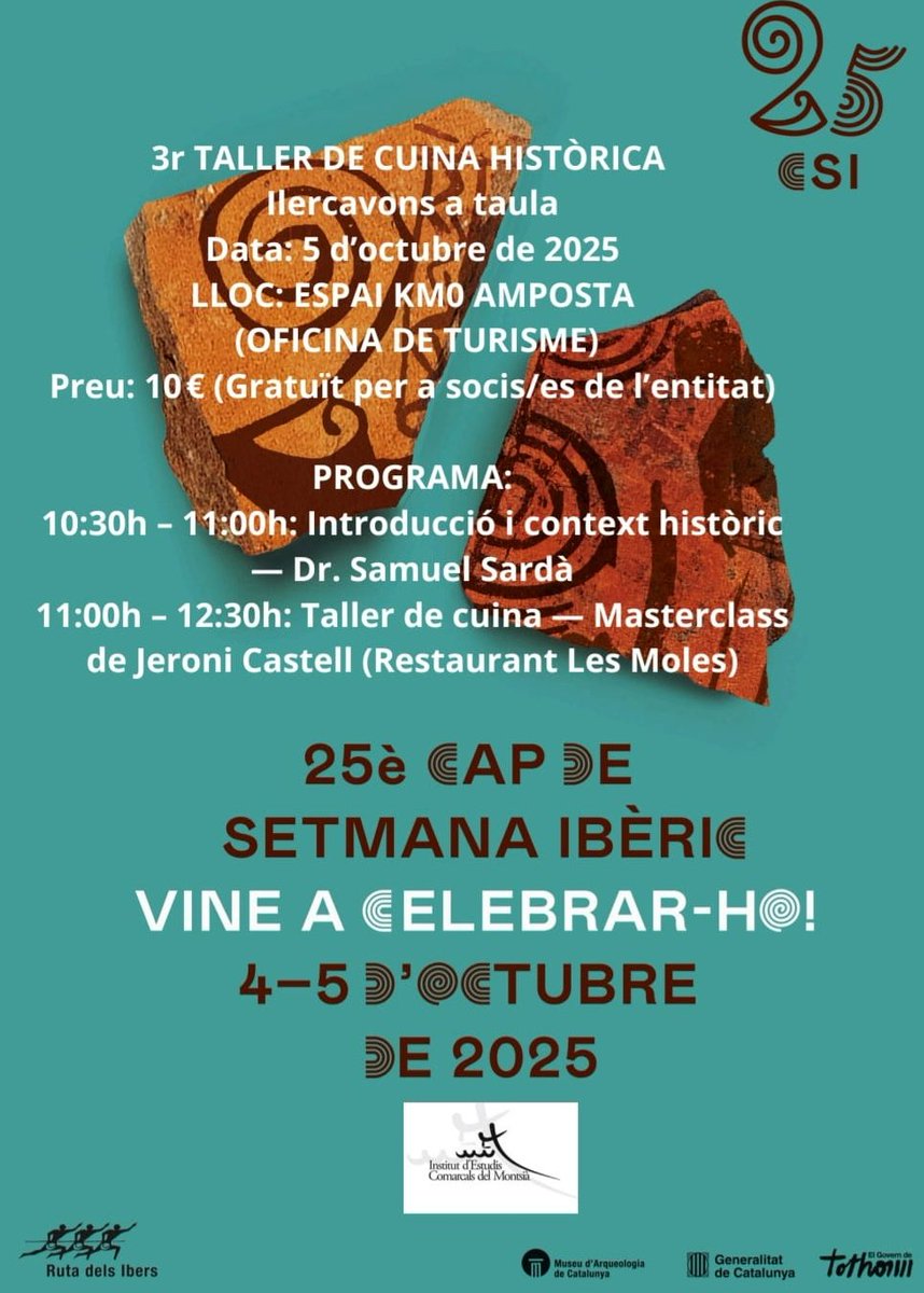El dia 5 d'octubre tindrà lloc a l'Espai KM 0 d'Amposta el 3r Taller de Cuina Històrica: Ilercavons a taula! organitzat per l'IEC Montsià en col·laboració amb el Museu de les Terres de l'Ebre. 

Inscripcions: docs.google.com/forms/d/e/1FAI…