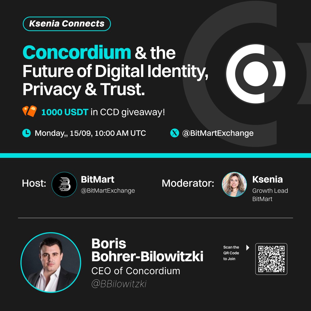 Coming soon! 🔜 

Topic: “Concordium &amp; the Future of Digital Identity, Privacy &amp; Trust”
🗓 Date: Monday, September 15
🕒 Time: 10:00 AM UTC
📍 Join Live: x.com/i/spaces/1PlKQ…

🎁 Tune in to get a chance to receive a part of a crypto gift of 1000 USDT in CCD!