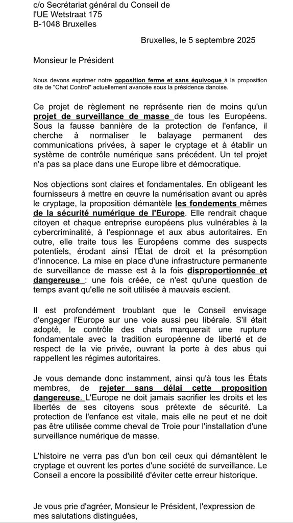 #chatcontrol : Les États membres de l'UE se réunissent ce vendredi 12 septembre pour finaliser leurs positions sur la proposition "Chat Control 2.0". 

Il s'agit d'une régulation qui obligerait les plateformes à scanner les messages privés, y compris ceux chiffrés de bout en