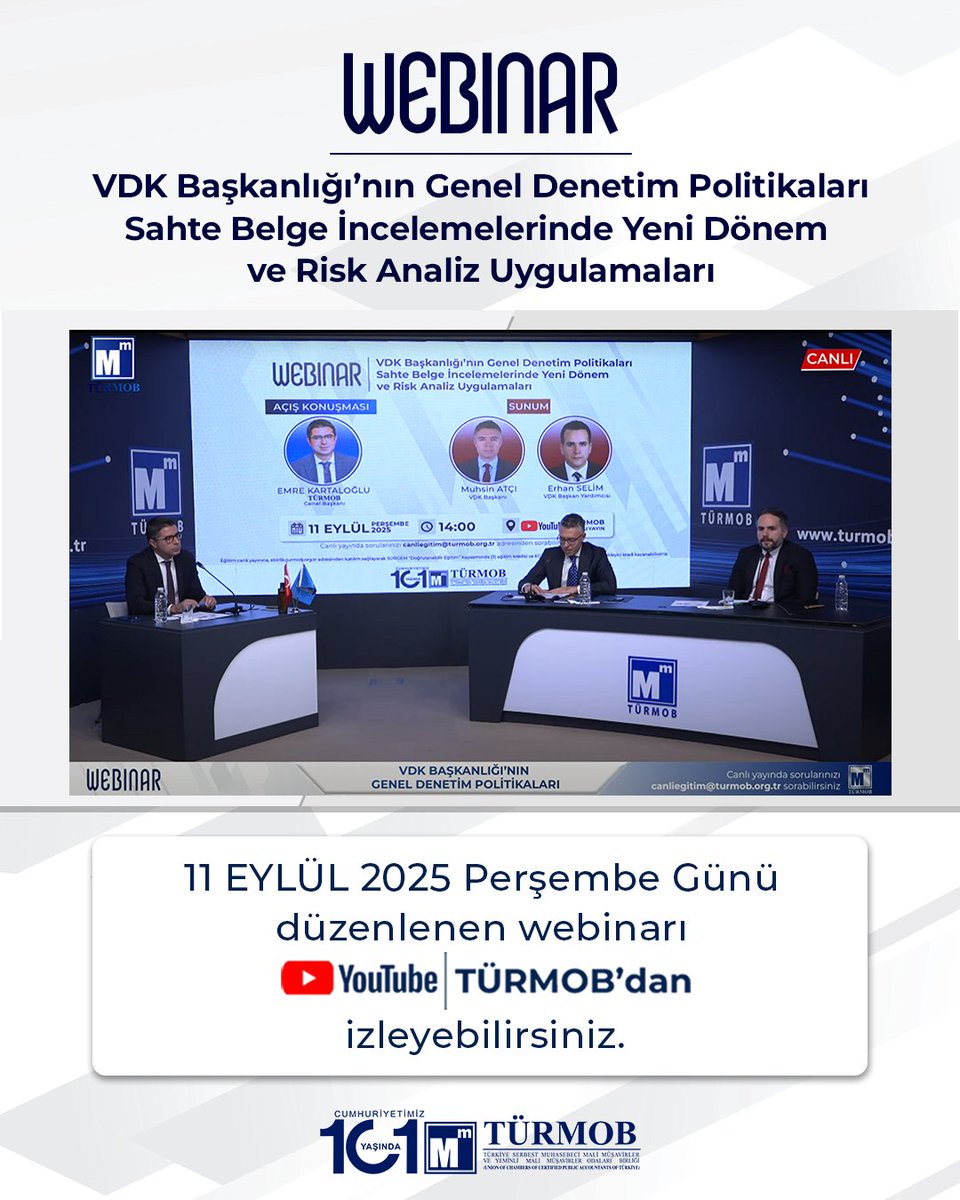 11 Eylül 2025 Perşembe günü düzenlediğimiz “VDK Başkanlığı’nın Genel Denetim Politikaları, Sahte Belge İncelemelerinde Yeni Dönem ve Risk Analiz Uygulamaları” konulu Webinarın tekrarını YouTube kanalımızdan 🔗 turmob.info/3VfhzOy izleyebilirsiniz.

#türmob