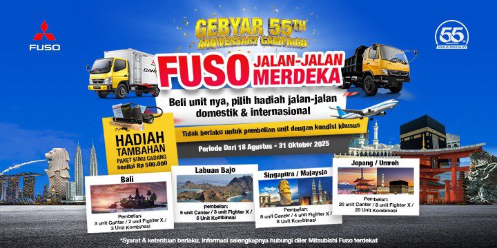 Mitsubishi Fuso rayakan 55 tahun 🎉

Beli Canter/Fighter-X periode 18 Aug – 31 Okt 2025, langsung dapat paket wisata: Bali, Labuan Bajo, Singapura, Jepang, bahkan Umroh! 🚛✈️

Tanpa undian. Hadiah pasti. 💯

Cek: ktbfuso.co.id/promo-55

#Fuso55Tahun #AndalanBisnisSejati