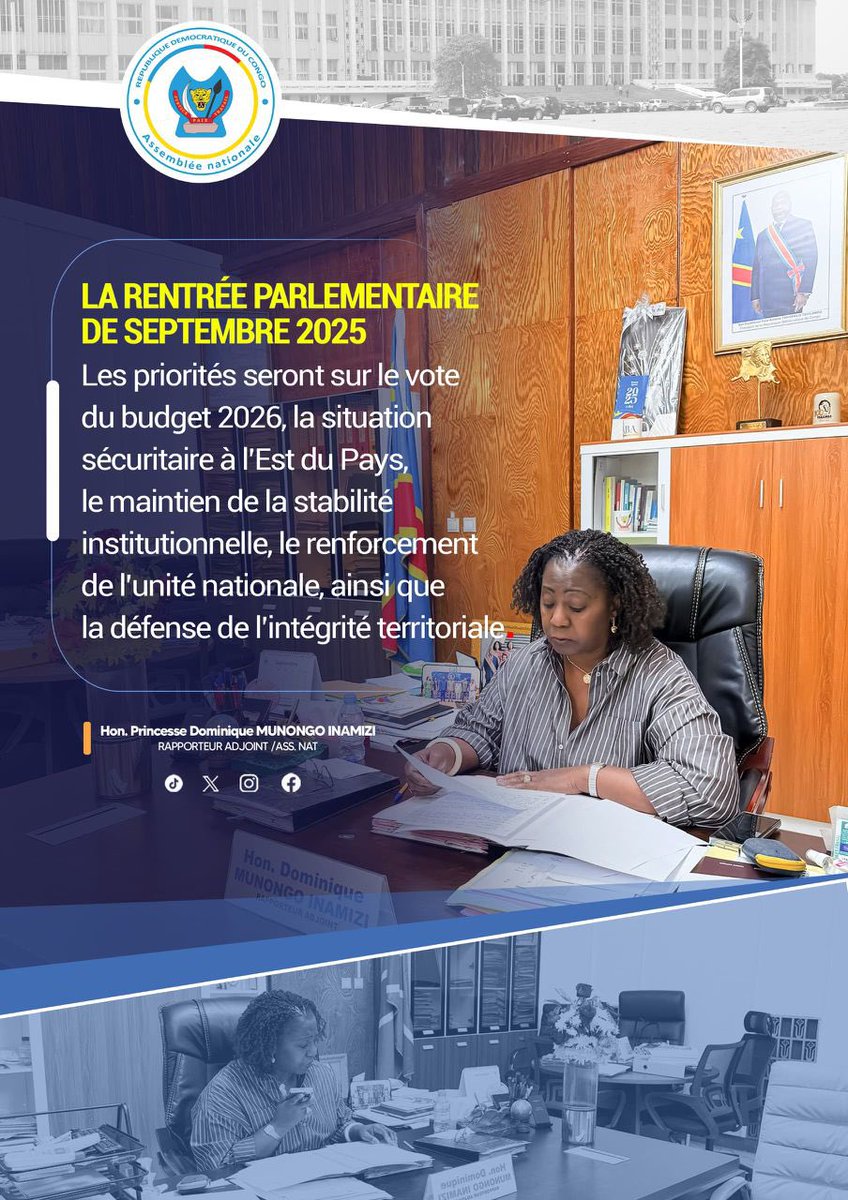 RENTRÉE PARLEMENTAIRE DE SEPTEMBRE 2025. 

Les priorités seront le budget 2026, la situation sécuritaire à l’Est du Pays, le maintien de la stabilité institutionnelle, le renforcement de l’unité nationale, ainsi que la défense de l’intégrité territoriale.
<a href="/AssembleeNatRDC/">Assemblée nationale 🇨🇩</a>