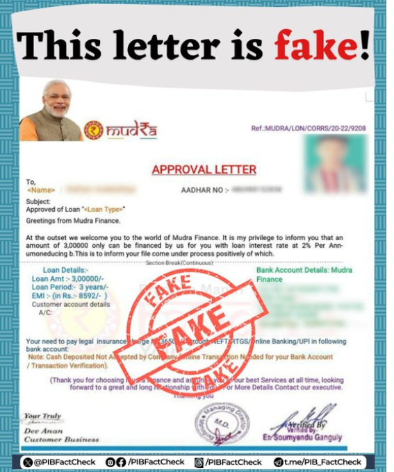 An approval letter claims to grant a loan of ₹3,00,000 under the 𝐏𝐌 𝐌𝐮𝐝𝐫𝐚 𝐘𝐨𝐣𝐚𝐧𝐚 on payment of ₹36,500 as legal insurance charges  

#PIBFactCheck: 

◾️This letter is #Fake 

◾<a href="/FinMinIndia/">Ministry of Finance</a> has not issued this letter  

Read more: 🔗mudra.org.in/FAQ