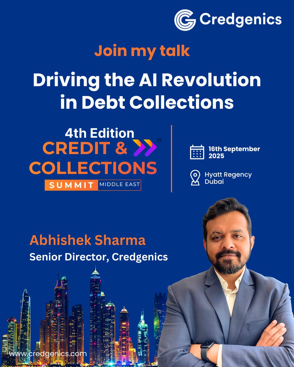 Credgenics will attend the 4th Credit &amp; Collections Summit Middle East on September 16–17 at Hyatt Regency Dubai. Abhishek Sharma, Senior Director at Credgenics, will discuss “Driving the AI Revolution in Debt Collections.”

Learn more: middle-east.collectionsummit.com

#ccsmiddleEast2025