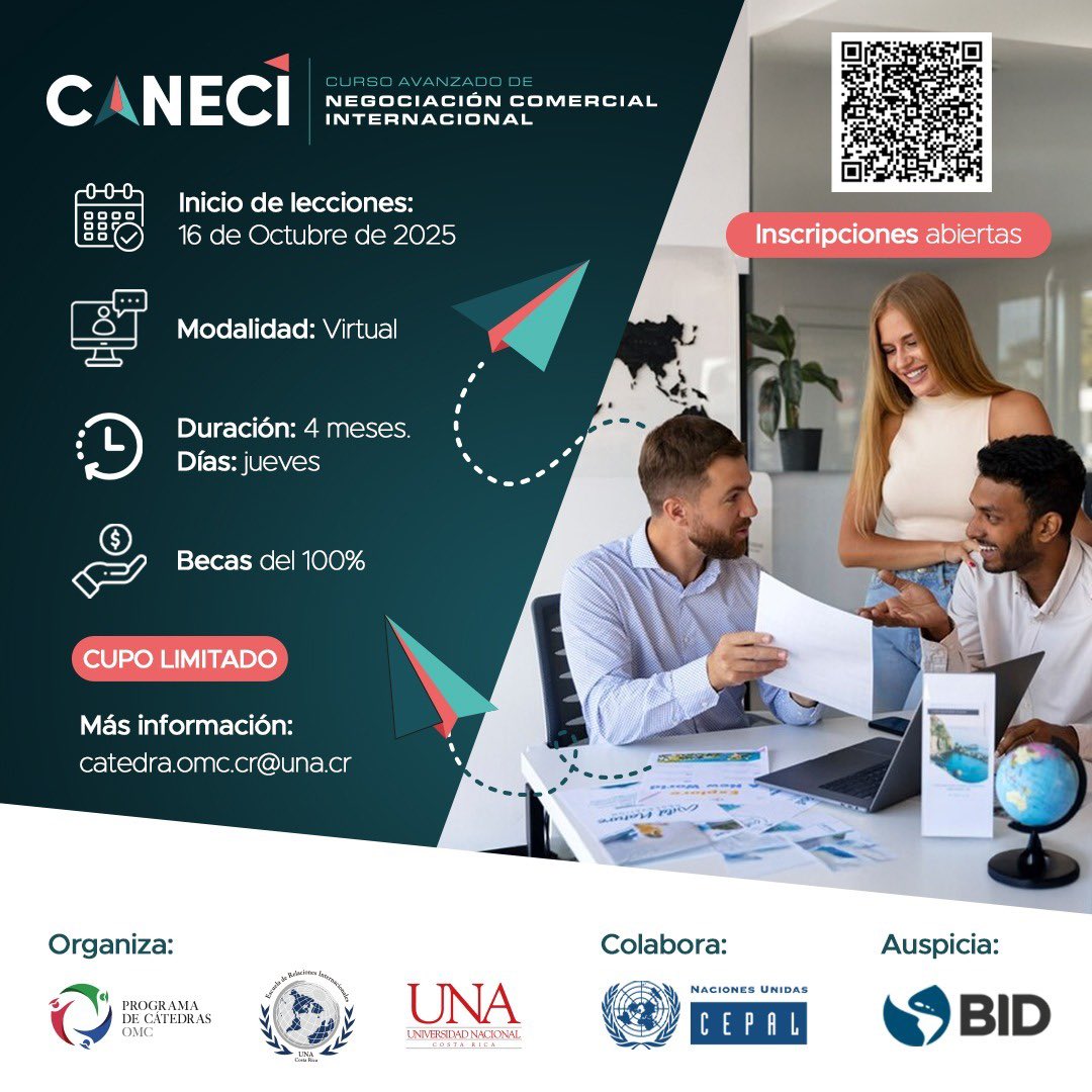 ¿Te interesa la negociación comercial internacional?

<a href="/cepal_onu/">CEPAL</a> acompaña 1ra. Promoción del Curso Avanzado en Negociación Comercial Internacional (CANECI) de la #CátedraOMC #CostaRica, Escuela de Relaciones Internacionales <a href="/comunidadUNACR/">UNACostaRica</a> 

Info: facebook.com/share/p/17PEXg… 

#Becas