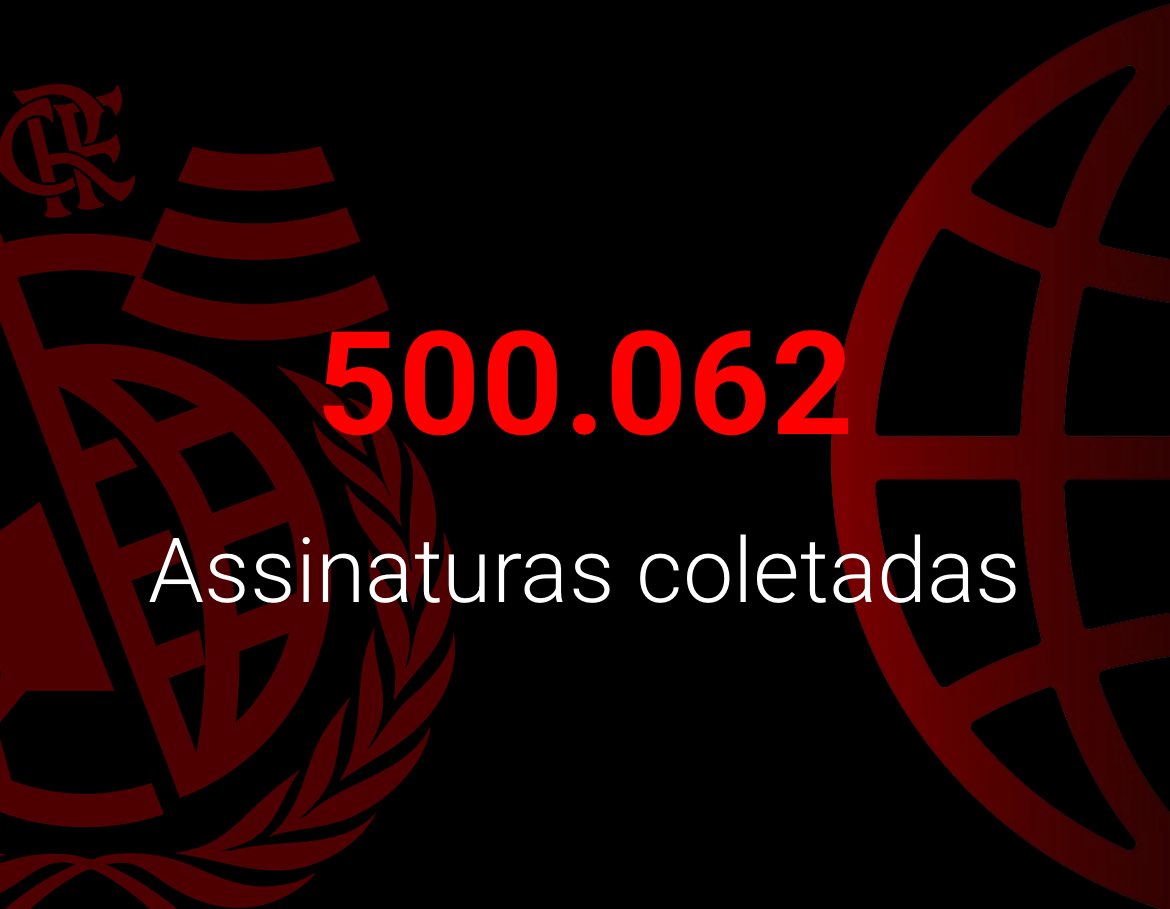 Bom dia, Cidadãos.
Batemos 500 mil!!!

E a pergunta é: qual o limite da Nação Rubro-Negra? 🌎

Vem de RT pra espalhar a palavra. Vamos por mais!

Peticao.flamengo.com.br

#NacaoNaONU