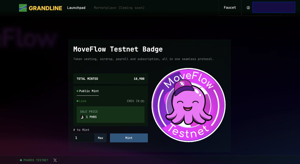 KirillFill3's tweet photo. 🔵Discover the new @pharos_network Testnet Badge related to @MoveFlow_xyz the all-in-one protocol for seamless token operations💫
ℹ️#MoveFlow unites token vesting, airdrops, payroll, and subscriptions into a single streamlined solution. This badge highlights your role as an early tester shaping the future of efficient Web3 token management.
✅Mint your badge, strengthen your Web3 identity, and showcase your contribution to advancing on-chain automation.
🔗Mint here: https://t.co/hxlslfaImH
#PharosNetwork #DeFi #Web3 #NFT #Mint #grandline #Pharos