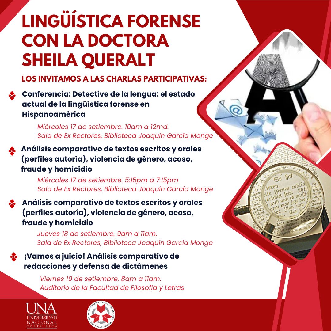 ✈️ ¡Nos vamos a Costa Rica!
Del 13 al 21 de septiembre el Laboratorio SQ participa en jornadas formativas en la <a href="/comunidadUNACR/">UNACostaRica</a> 🇨🇷, con charlas y talleres de #LingüísticaForense impartidos por <a href="/DrSheilaQueralt/">Sheila Queralt | Lingüista Forense</a> .
De regreso el 22/09.