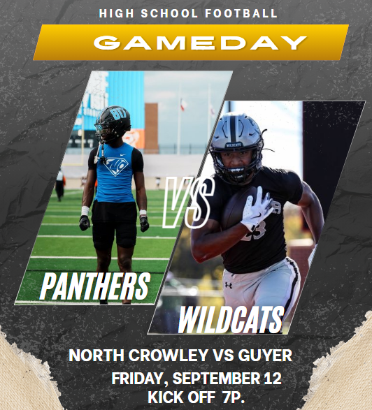 Texas UIL Sports (@texasuilsportss) on Twitter photo π¨ Game Week π¨
North Crowley vs Guyer
π Friday September 12 
β°  @ 7p.
πΊ bit.ly/3U2Kt43
<a href="/NorthCro_FB/">North Crowley Football</a> <a href="/NCHSAth/">North Crowley Athletics</a> <a href="/DentonGuyer_FB/">Denton Guyer Football</a> <a href="/aidenmartens23/">Aiden Martens</a> <a href="/GHS_Wildcats/">Guyer HS Wildcats</a> <a href="/CoachKPark/">Kevin Park</a> <a href="/therealraygates/">Ray Gates</a> <a href="/im2effective/">Isaiah Mayberry Class of 2029</a> <a href="/7reassons/">DeMarcus βBooneβ Harris II</a> <a href="/CoachKWhite/">Coach White</a> <a href="/doyle_preston27/">Preston Doyle</a> <a href="/mike_gallegos16/">Mike Gallegos</a> π¨ Game Week π¨
North Crowley vs Guyer
π Friday September 12 
β°  @ 7p.
πΊ bit.ly/3U2Kt43
<a href="/NorthCro_FB/">North Crowley Football</a> <a href="/NCHSAth/">North Crowley Athletics</a> <a href="/DentonGuyer_FB/">Denton Guyer Football</a> <a href="/aidenmartens23/">Aiden Martens</a> <a href="/GHS_Wildcats/">Guyer HS Wildcats</a> <a href="/CoachKPark/">Kevin Park</a> <a href="/therealraygates/">Ray Gates</a> <a href="/im2effective/">Isaiah Mayberry Class of 2029</a> <a href="/7reassons/">DeMarcus βBooneβ Harris II</a> <a href="/CoachKWhite/">Coach White</a> <a href="/doyle_preston27/">Preston Doyle</a> <a href="/mike_gallegos16/">Mike Gallegos</a>