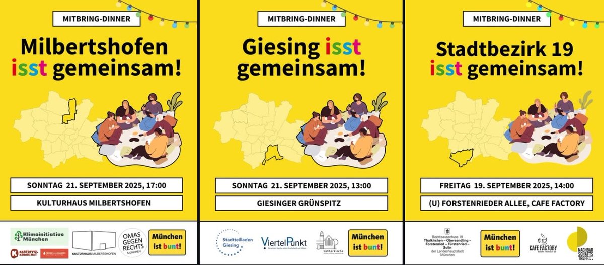 Muenchen1968's tweet photo. "München isst gemeinsam, #München ist bunt" -
vom 19.-26. September sechs Stadtteil-Mitmach-Dinner von @muenchen_bunt und zahlreichen lokalen Bündnispartner in #Allach, #Au, #Forstenried, #Giesing, #Milberstshofen & #Westend
Mehr Infos:
➡️ https://t.co/pUDrLCaa0U https://t.co/Hgfo1rPV4E