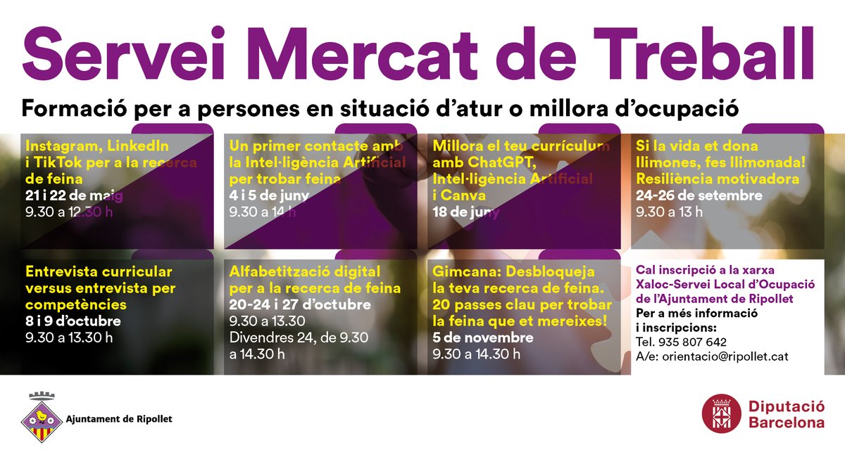 🍋Oberta la preinscripció al curs "Si la vida et dona llimones, fes llimonada! Resiliència motivadora" en el marc del Recull d’activitats del Servei Local d’Ocupació de #Ripollet.

📆24 al 26/09
⏱ 09:30h a 13h
📍Lloc: Ripollet Impulsa
🔗Preinscripcions:
ripollet.cat/serveis/ripoll…