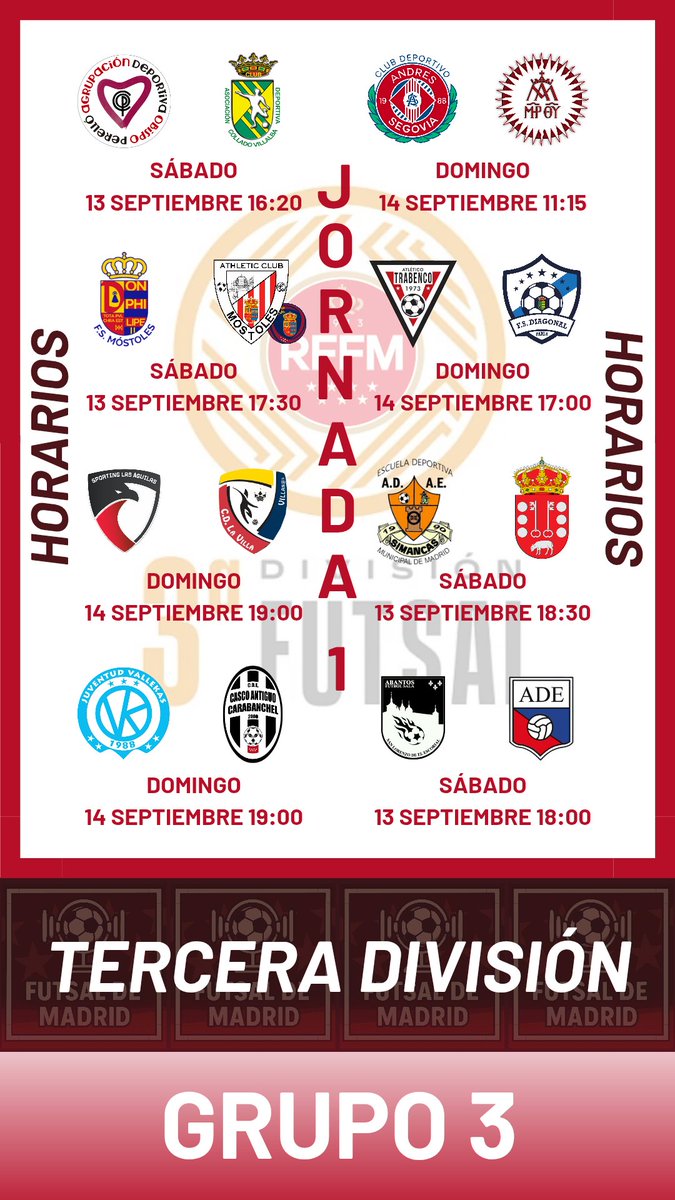3ª DIVISIÓN - G3 | J1

<a href="/FuriarojaADOP/">A. D. Obispo Perelló</a> <a href="/ADCVILLALBAFS/">A.D.Collado Villalba</a> <a href="/1mostolesfs/">MRB-FS Móstoles</a> <a href="/AthClubMostoles/">Athletic Club Móstoles</a>/<a href="/MostolesFutsal/">Móstoles Futsal</a> <a href="/SportingAguilas/">Sporting Las Águilas</a> <a href="/LaVillaMostoles/">La Villa Móstoles FS</a> <a href="/juventud_VK/">JUVENTUD VALLEKAS</a> <a href="/cascoantiguofs/">C.D.E. Casco Antiguo</a> <a href="/CDAndresSegovia/">c.d.e_andressegovia</a> <a href="/calasanciofs/">Calasancio FS. Nuestra Señora de las Escuelas Pías</a> <a href="/ATRABENCO/">ATLETICO TRABENCO</a> <a href="/FSDiagonal/">FS Diagonal</a> <a href="/ADAESIMANCAS/">A.D.A.E.SIMANCAS</a> <a href="/RozasPuerRealFS/">Rozas de Puerto Real F.S</a> <a href="/CDEAbantos/">UD San Lorenzo Abantos FS</a> <a href="/ADEscurialense/">A.D.ESCURIALENSE</a>
