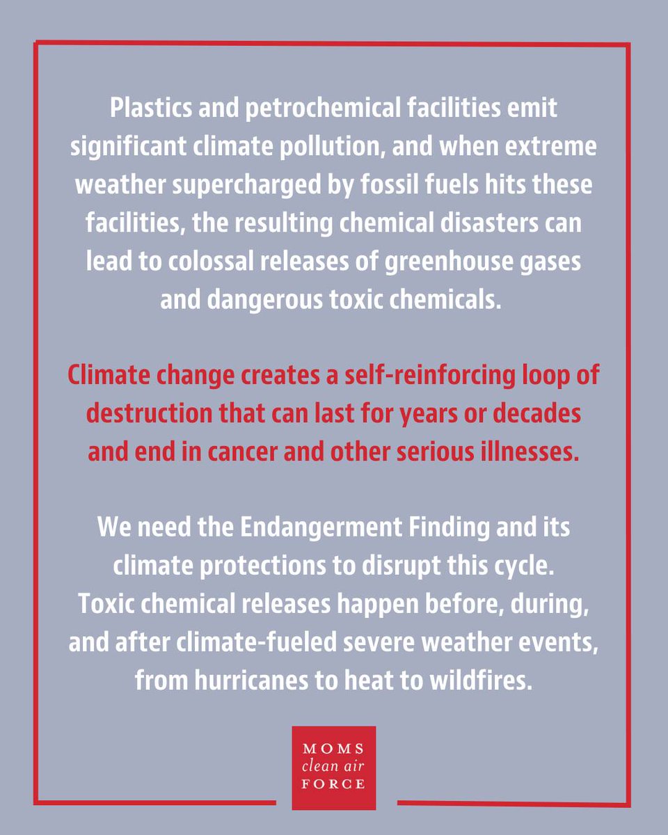 CleanAirMoms's tweet photo. Greenhouse gas pollution creates climate-related weather emergencies, which in turn trigger chemical disastersāthe toxic releases that add a terrifying sequel to extreme weather. That's why Moms oppose the Trump administrationās efforts to roll back the Endangerment Finding. https://t.co/RFie0mM69W