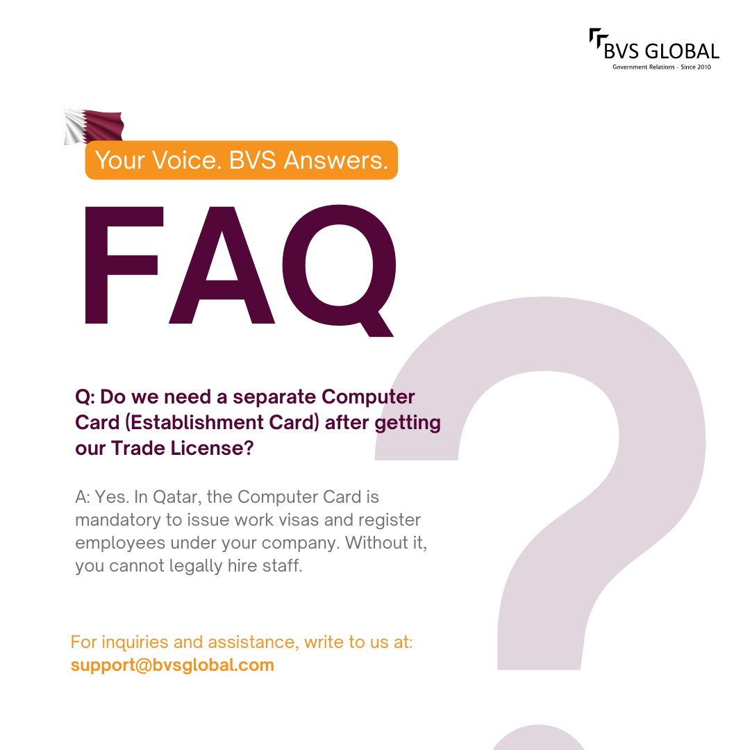 BvsGlobal's tweet image. Got your Trade License in Qatar? That’s not enough.
You still need a Computer Card to hire staff + issue visas.
No card = no employees, no operations.

#AskBVS #QatarBusiness #ComputerCard #WeekendFAQs