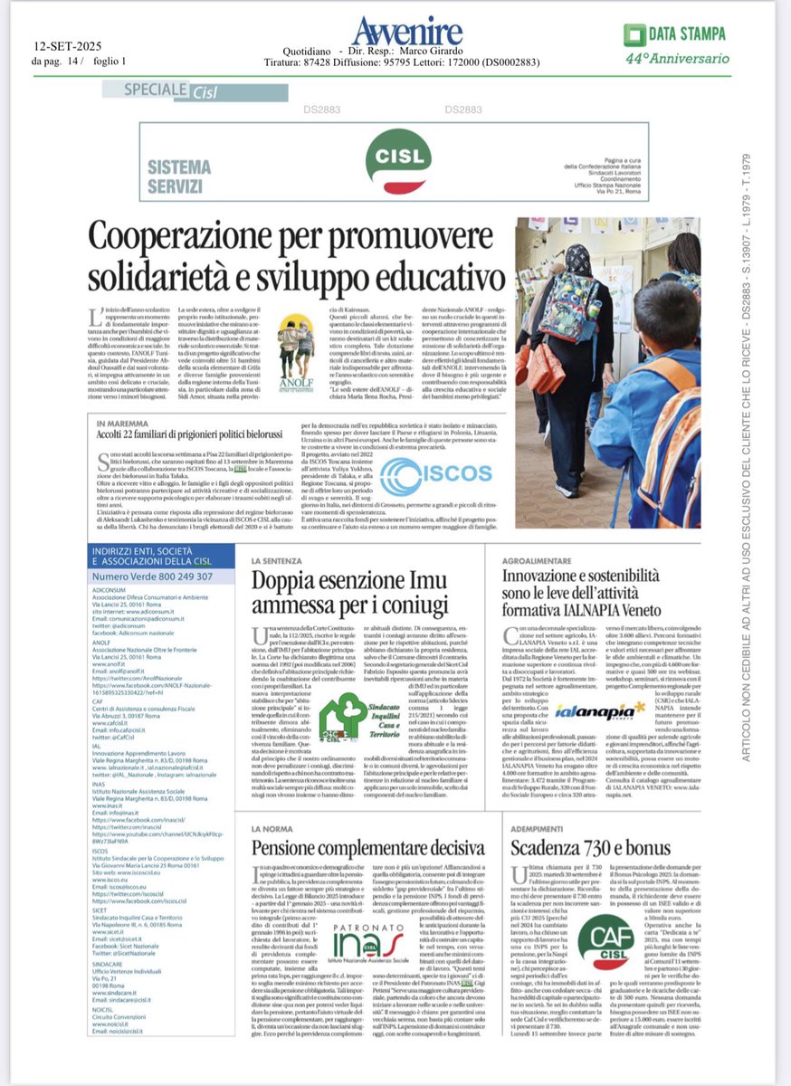 A settembre scadenza 730 e bonus in arrivo; pensioni e previdenza; innovazione e sostenibilità: le leve dell’attività formativa in campo agroalimentare; sì a doppia esenzione ICI/IMU per coniugi con residenze separate; politiche dell’accoglienza e dell’integrazione: di questo e