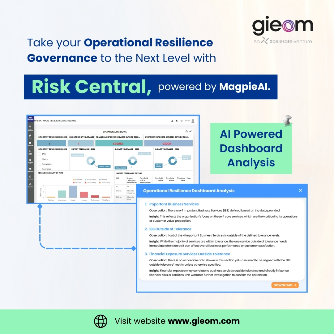 GIEOM's tweet photo. With Risk Central, powered by MagpieAI, dashboards go beyond visuals, they become a living system of operational resilience governance, helping you stay ahead of risks and regulations.

learn more - https://t.co/eCQ1CX8L7p

#GRC #banking #bfsi #riskmanagement https://t.co/GRZ5aFCruG