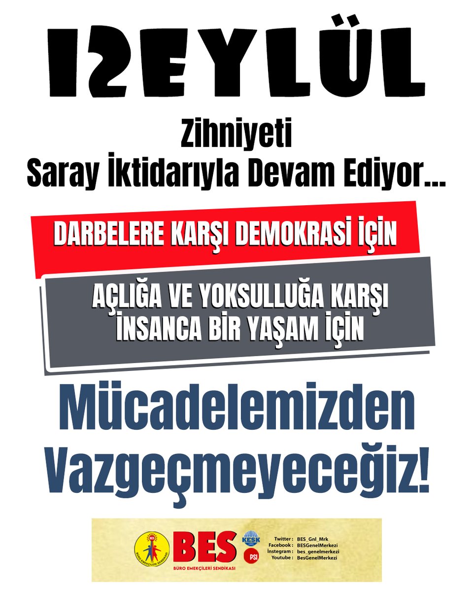 12 Eylül zihniyeti, saray iktidarıyla devam ediyor...
Darbelere karşı demokrasi için,
Açlığa ve yoksulluğa karşı insanca bir yaşam için
MÜCADELEMİZDEN VAZGEÇMEYECEĞİZ!

#12Eylül 
#12Eylül1980
#DarbeyeHayır