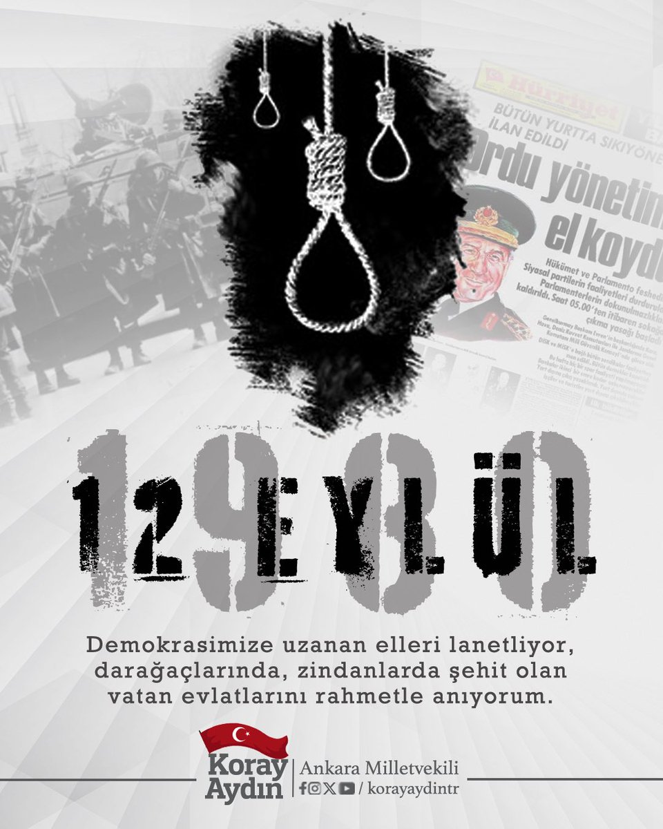 #12Eylül sadece yönetime değil toplumun fikrine, zikrine, duygularına ve geleceğine inmiş bir darbedir. Demokrasimize uzanan elleri lanetliyor, 12 Eylül zindanlarında, darağaçlarında şehit olan vatan evlatlarına Cenab-ı Allah'tan rahmet diliyorum. 🇹🇷

Ülkemizin sorunlarının en