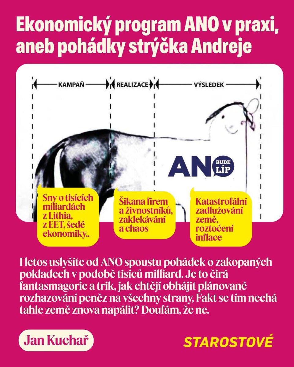 Věřit ekonomickému programu ANO je asi jako čekat, že vám zlatá vejce bude snášet slepice z reklamy na bujón.
Je to čirá fantasmagorie.