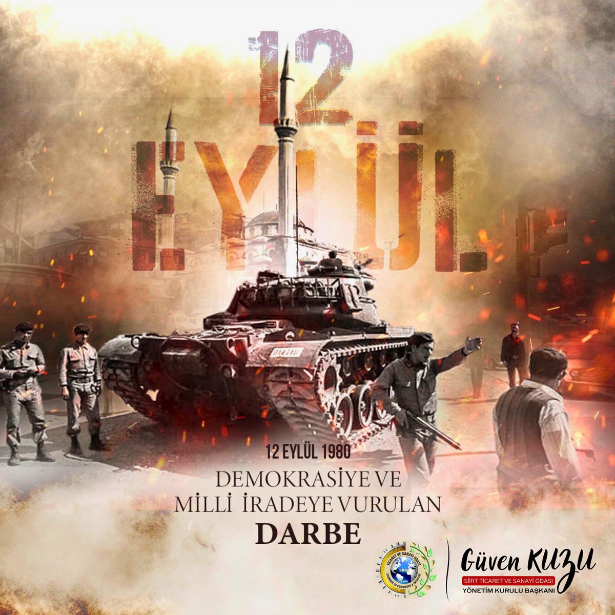 Demokrasi tarihimize kara bir leke olarak kazınan #12Eylül darbesinin yıldönümünde; tüm darbe, muhtıra ve antidemokratik müdahaleleri bir kez daha kınıyor, demokrasi şehitlerimizi rahmetle anıyorum.

Güven Kuzu | Siirt TSO Başkanı