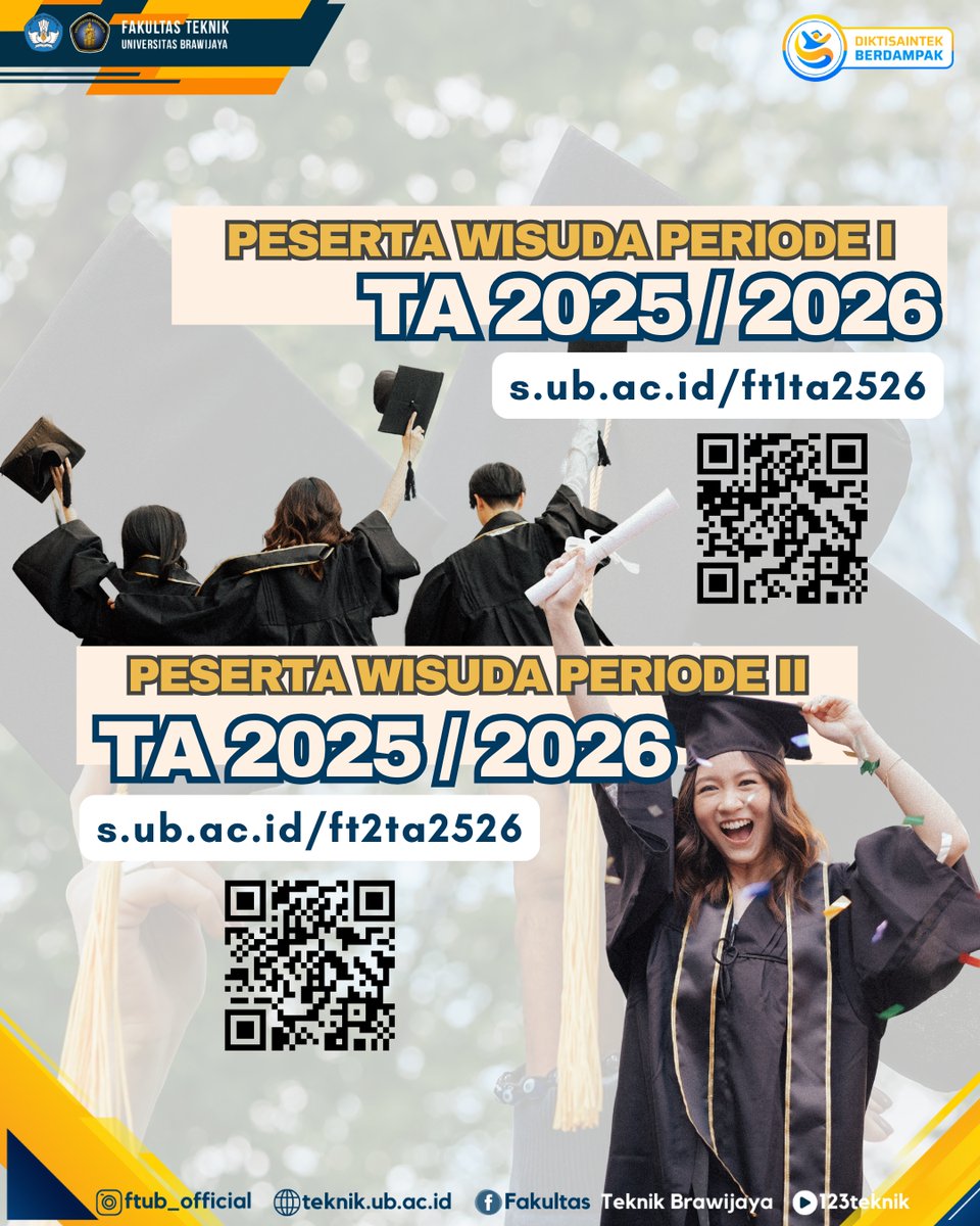 Salam hebat &amp; sukses #KBFT !!!

Selamat bagi para calon Wisudawan Periode 1 &amp; 2 Tahun Akademik 2025/2026.

Informasi lengkap &amp; daftar wisudawan sudah dapat dilihat di menu pengumuman website teknik.ub.ac.id 

#FTUB #FTUB2025 #UniversitasBrawijaya #123Teknik