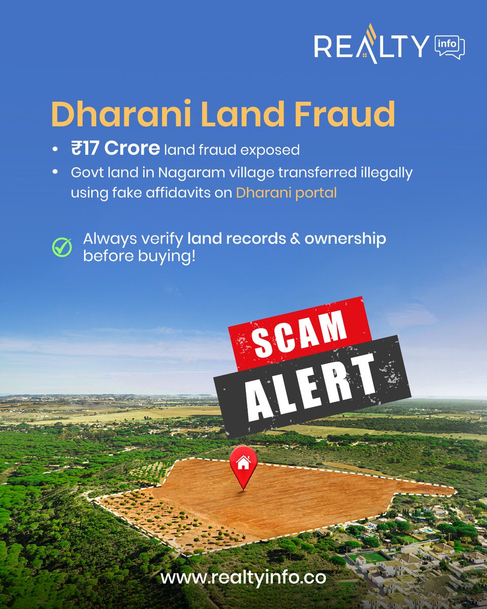 realtyinfo25's tweet photo. 🚨 ₹17 Cr Dharani Land Fraud Exposed – Stay Alert!
Govt land was illegally transferred using fake affidavits on the Dharani portal. Always verify records before buying!
#realestatescams #dharaniportal #realtyinfo #propertyalert #LandRecords #landfraud #propertyfraud https://t.co/i0TiMKg8tL