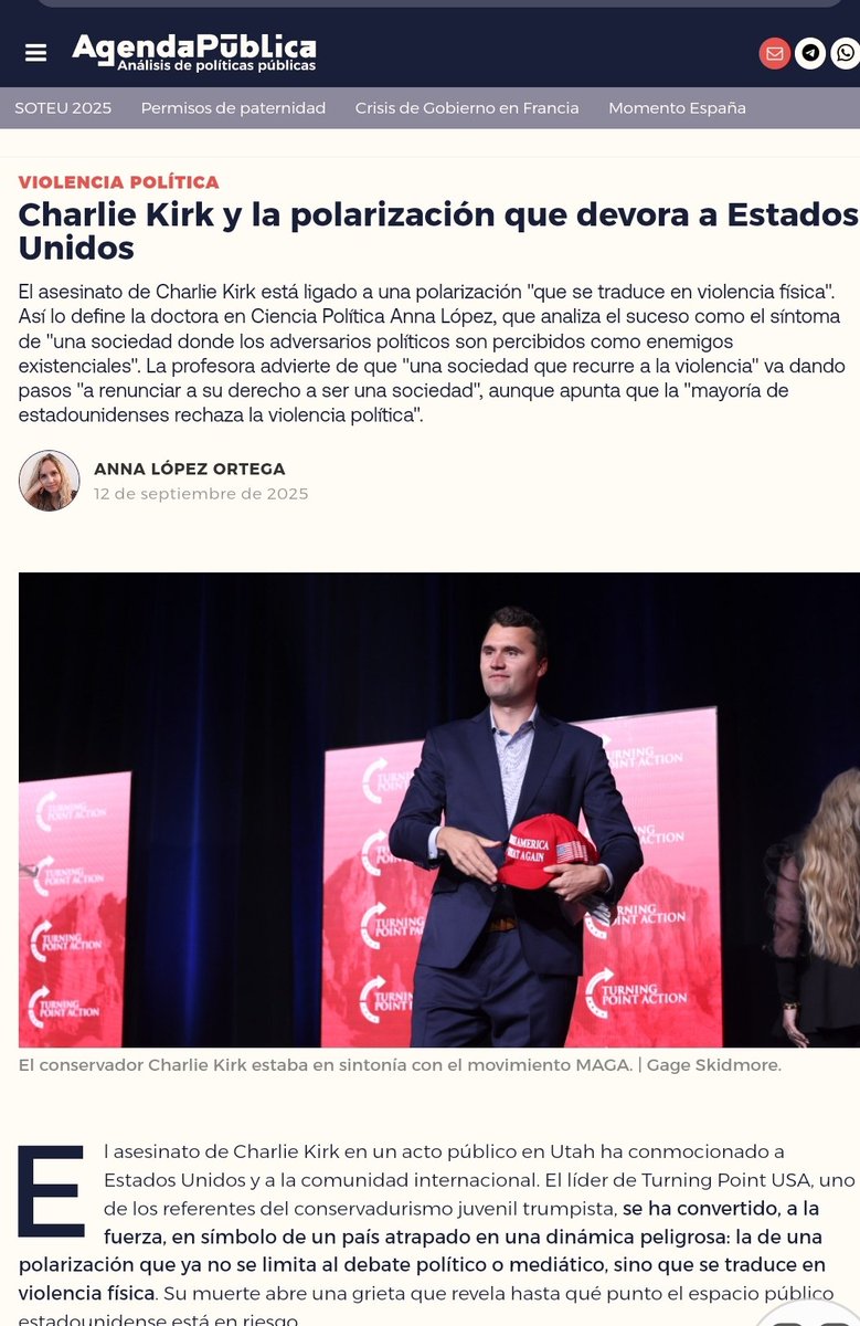 🗣️#Kirk es el síntoma de una sociedad donde los ADVERSARIOS políticos son percibidos como ENEMIGOS EXISTENCIALES

Y lo más inquietante es que, en la lógica de la polarización, incluso la MUERTE de un adversario se convierte en ARMA"

🎙️Hoy en <a href="/a_publica/">Agenda Pública</a> 
✍🏾bit.ly/4nrnNqM