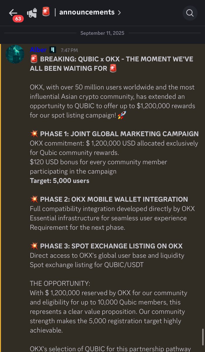 🚨 Massive news 🚨 

$QUBIC is getting listed on <a href="/okx/">OKX</a> and it's juicy

The listing will be broken down into 3 phases:
- Phase 1: <a href="/_Qubic_/">Qubic</a> x <a href="/okx/">OKX</a> global campaign with $1.2M in community rewards
- Phase 2: $QUBIC will be integrated into the OKX Wallet 
- Phase 3: $QUBIC / USDT spot
