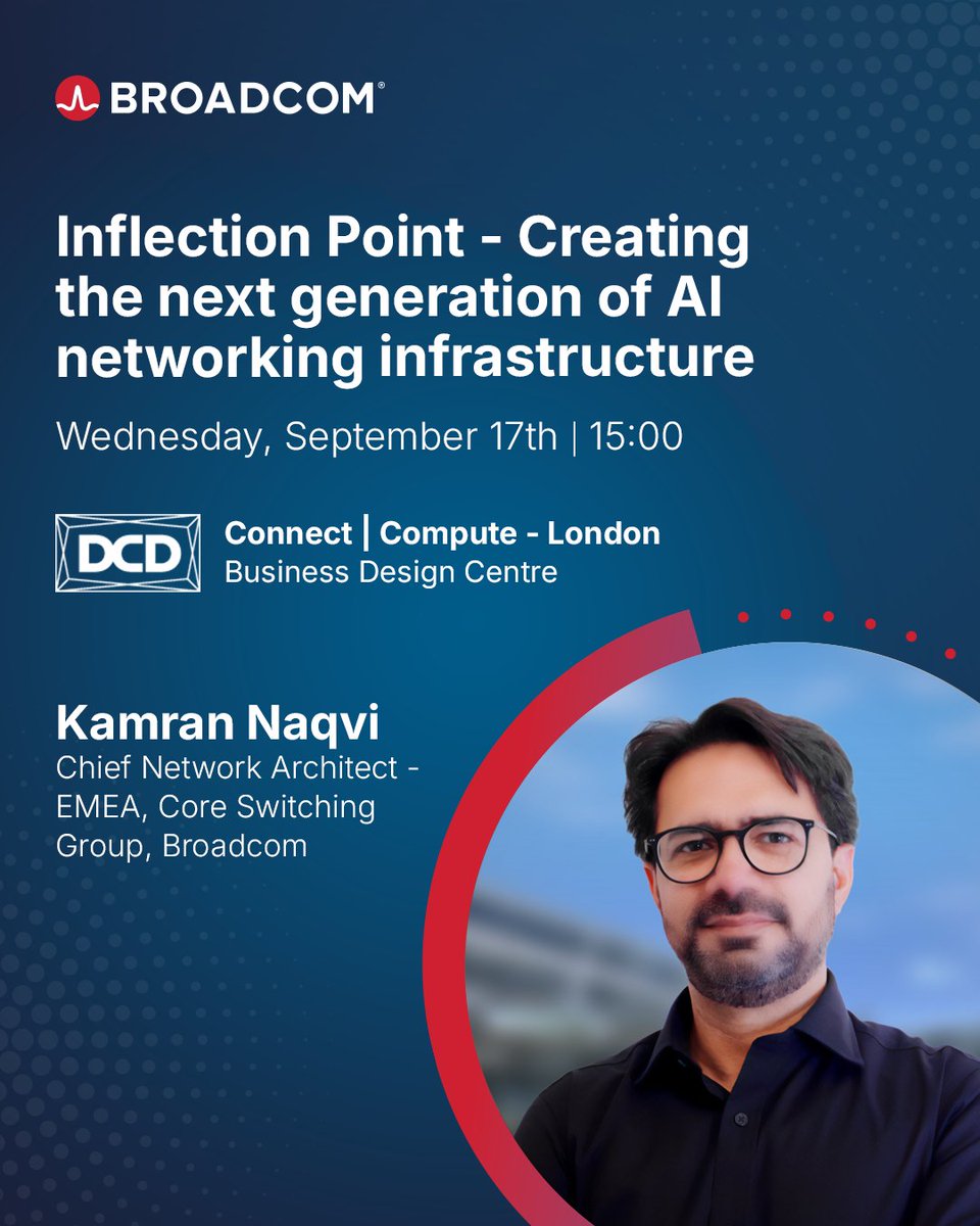 BroadcomSwitch's tweet image. Are you ready for the next leap in AI networking? Mark your calendars for September 17th! Kamran Naqvi, EMEA chief network architect, Core Switching Group, will present &quot;Inflection Point - Creating the next Generation of AI networking infrastructure.&quot;