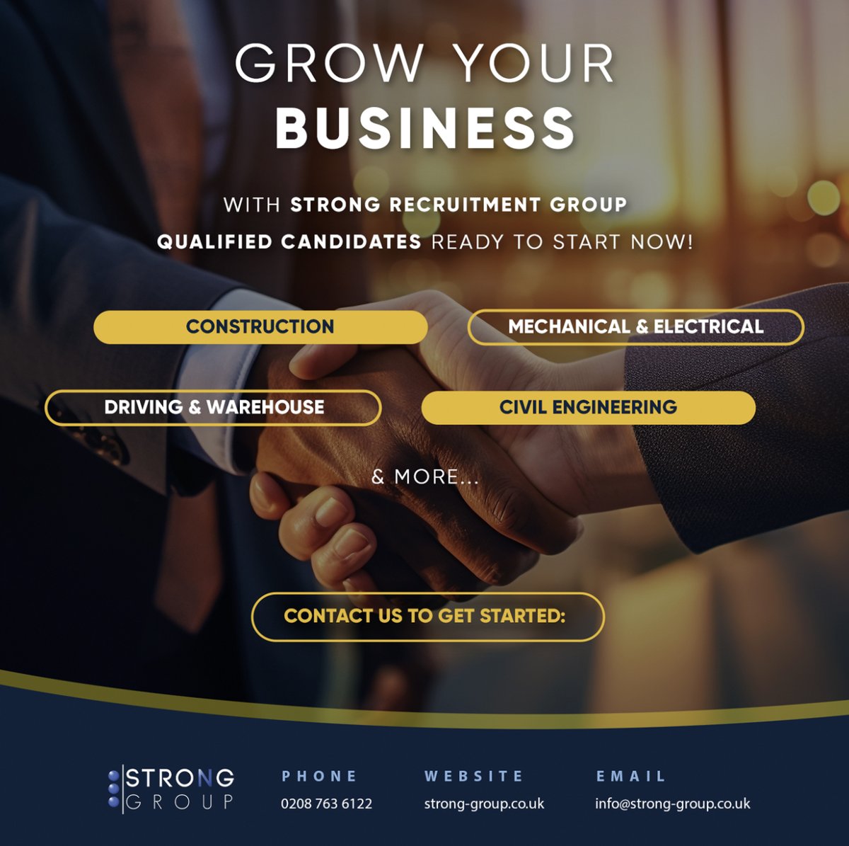 🏗️ We Do More Than Fill Roles — We Fuel Growth. 📈 🚀 ⚒️ Our clients trust us to deliver the talent that keeps projects moving and businesses growing. Ready to scale faster and hire with confidence? 
Call 020 8763 6122 or email info@strong-group.co.uk