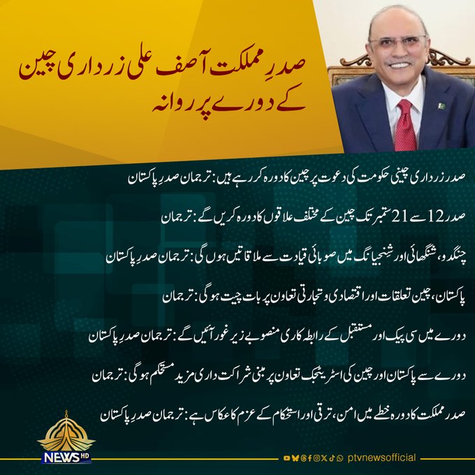 President Zardari Leaves for China on 10-Day Official Visit
