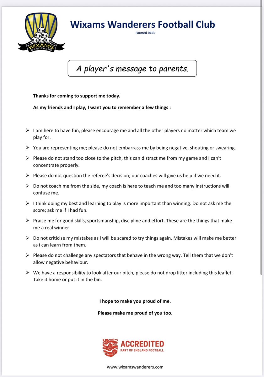 We wish all our teams who are starting this weekend and next good luck for the season. 

Attached is a message we sent to our parents as a reminder of what a player expects. <a href="/BedsFA/">Bedfordshire FA</a>