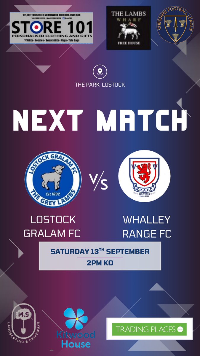 🚨NEXT MATCH🚨

Home fixture up next in the <a href="/CheshireFL/">Cheshire Football League ⚽️</a> against <a href="/WhalleyrangeAFC/">WhalleyrangeAFC</a> 

⏰2pm KO
🍔Food and drink available 
💰£3 adults, £1 concession 
🆚<a href="/WhalleyrangeAFC/">WhalleyrangeAFC</a> 
📍The Park, CW9 7PJ