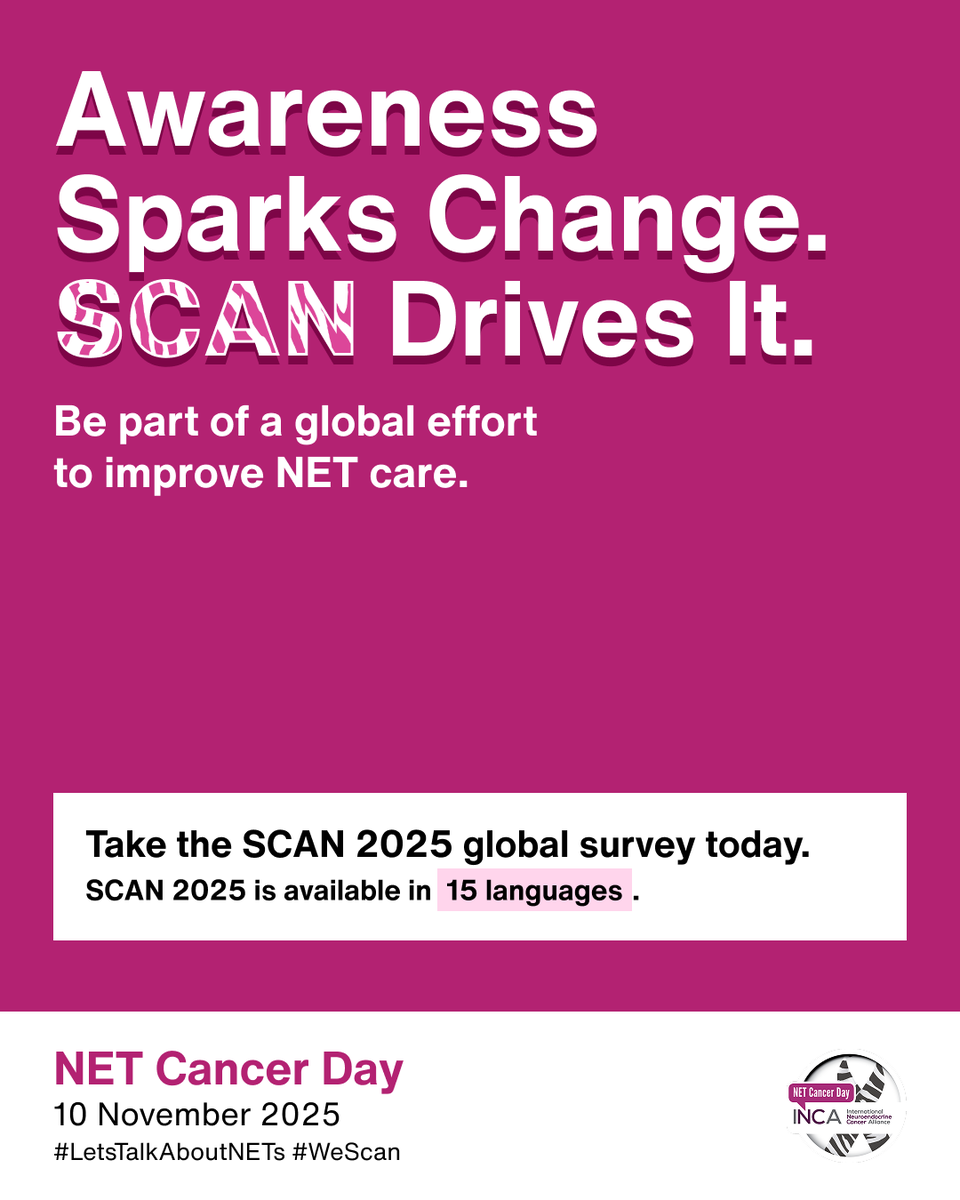 NET Cancer Day (@netcancerday) on Twitter photo 📣Patients. Caregivers. Healthcare professionals.
Together, we can transform NET care.
📌Join the #SCAN2025 Global Survey and help shape the future of diagnostics & treatment worldwide.
✅Take the survey today: incalliance.org/scan2025/
#LetsTalkAboutNETs #WeSCAN #MedTwitter 📣Patients. Caregivers. Healthcare professionals.
Together, we can transform NET care.
📌Join the #SCAN2025 Global Survey and help shape the future of diagnostics & treatment worldwide.
✅Take the survey today: incalliance.org/scan2025/
#LetsTalkAboutNETs #WeSCAN #MedTwitter
