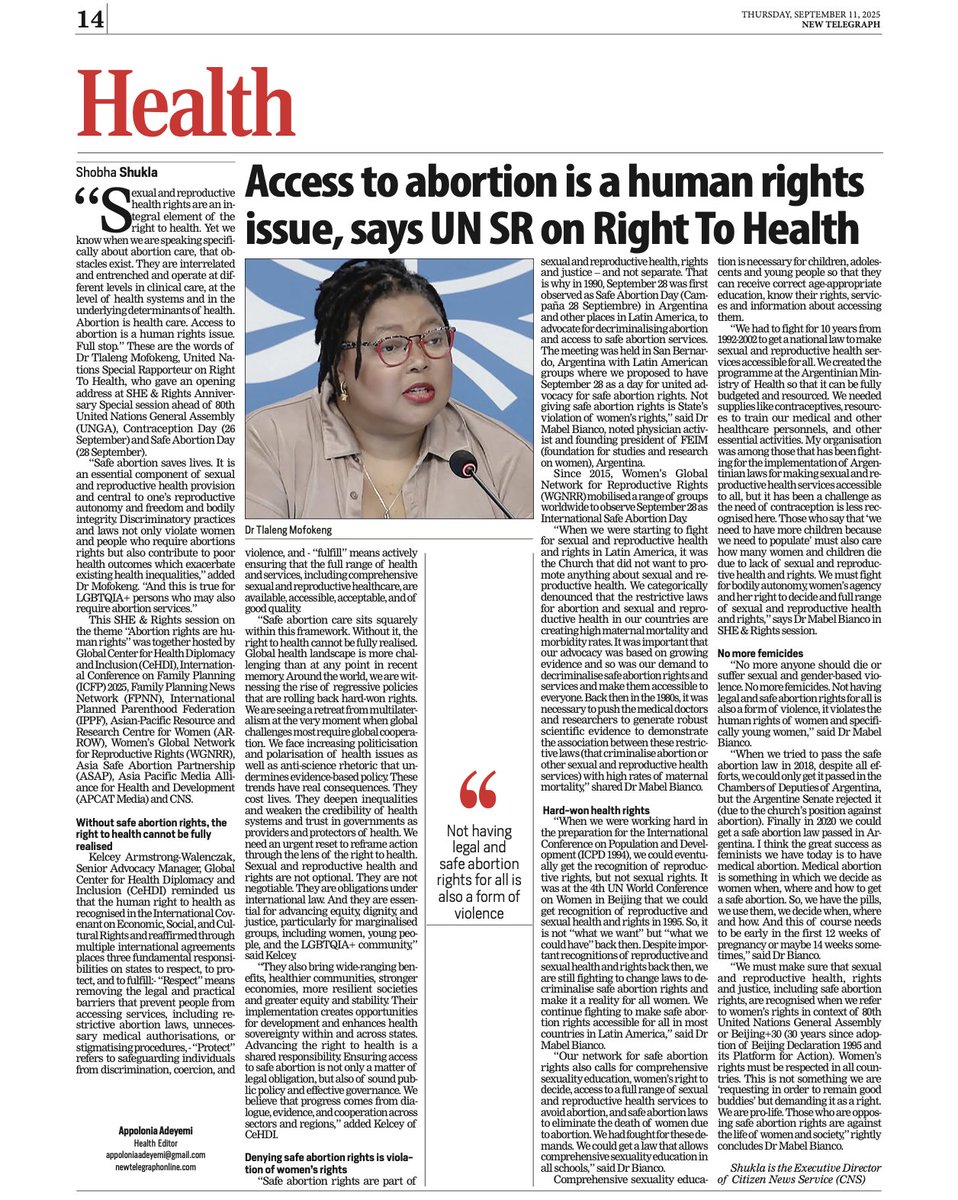 Gender Equality Talks Live (@getalkslive) on Twitter photo .<a href="/UN/">United Nations</a> Special Rapporteur on #RightToHealth <a href="/DrTlaleng/">Dr Tlaleng Mofokeng</a> says: "Abortion is healthcare. Access to abortion is a human rights issue. Full Stop."
Insights from SHE & Rights speakers ahead of <a href="/The_ICFP/">ICFP 2025</a>
🌐The New Telegraph, Nigeria
newtelegraphng.com/access-to-abor…
🌐CNS
citizen-news.org/2025/09/access… .<a href="/UN/">United Nations</a> Special Rapporteur on #RightToHealth <a href="/DrTlaleng/">Dr Tlaleng Mofokeng</a> says: "Abortion is healthcare. Access to abortion is a human rights issue. Full Stop."
Insights from SHE & Rights speakers ahead of <a href="/The_ICFP/">ICFP 2025</a>
🌐The New Telegraph, Nigeria
newtelegraphng.com/access-to-abor…
🌐CNS
citizen-news.org/2025/09/access…