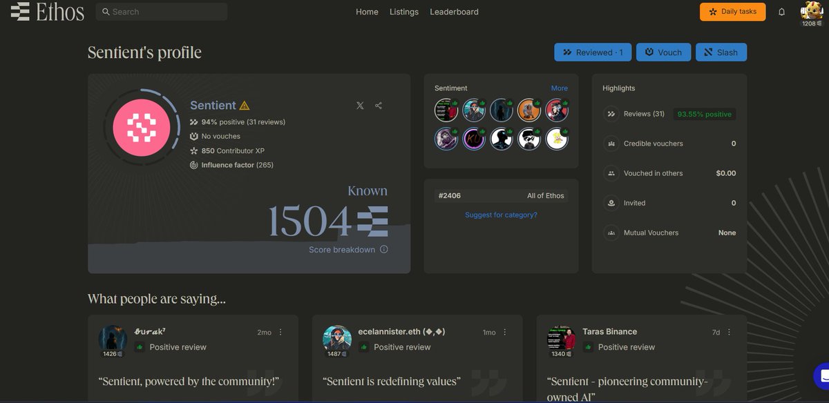 fam, let’s boost Sentient’s score on Ethos together 🚀
it’s a simple but super useful action that helps push our mission forward.

also, if you’ve got a sec, drop an upvote on my review too 
every click adds value to the community 💛

I just left a positive review for