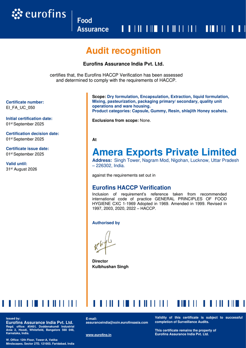 TheAmeraGroup's tweet photo. Amera Raises the Bar with HACCP Certification 🏆
Proud to be HACCP certified once again by Eurofins Assurance India Pvt. Ltd. – reaffirming our commitment to food safety, hygiene &amp; global quality standards.
From formulation to packaging, every step is built on trust &amp; excellence. https://t.co/FsyaHAIAjV
