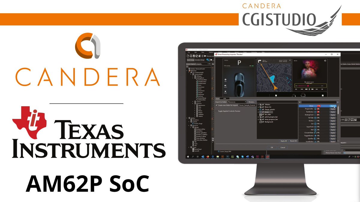 Candera CGI Studio now supports the Texas Instruments AM62P Automotive SoC – delivering a cost-efficient, scalable, and safety-ready platform for next-generation HMIs. 
Together with TI, we provide OEMs and Tier-1s a clear path to smarter, safer, and more efficient HMI systems.