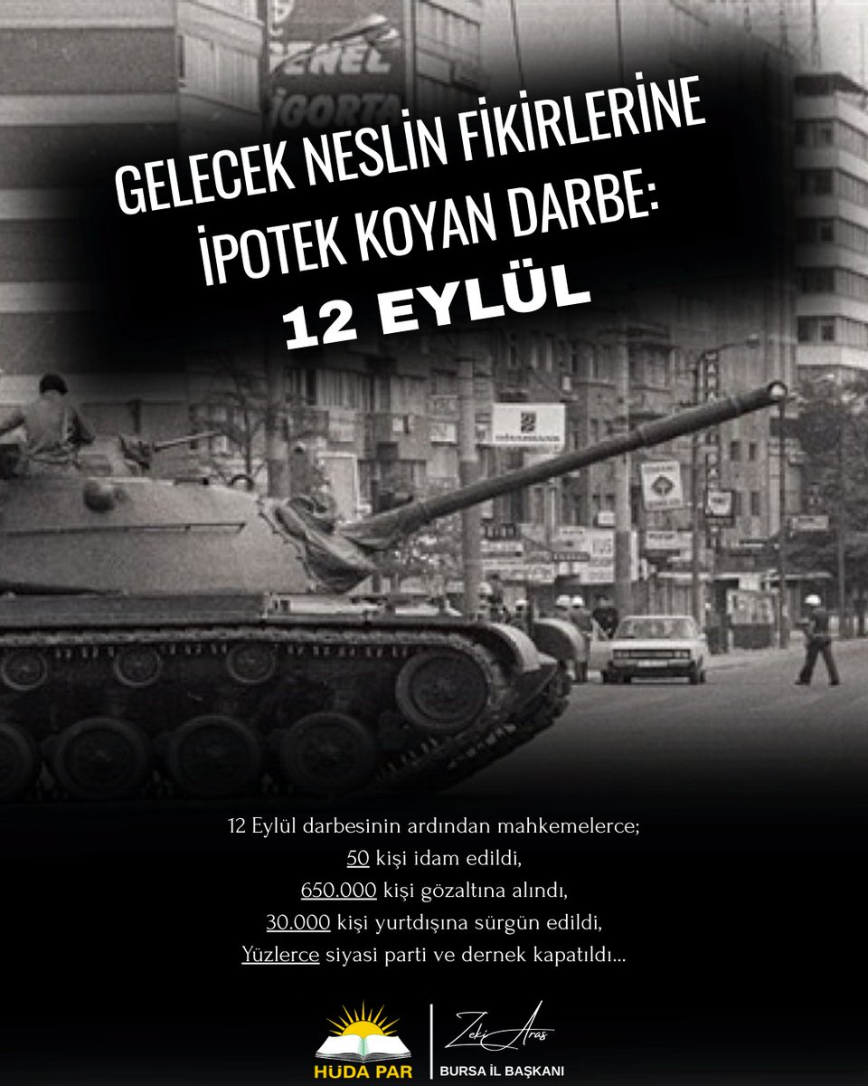 ZekiAras16's tweet photo. 1980’de tanklarla yazılan anayasayla 2025’i yönetiyoruz.  40 yıldan fazladır aynı soruyla yüz yüzeyiz. 12 Eylül bitti mi sanıyorsunuz? Darbe hâlâ yürürlükte.
12 Eylül sadece bir tarih değil, bugünün prangasıdır. Darbenin yıldönümünde darbe anayasasından kurtulmak temennisiyle... https://t.co/u1z7o99Qq6