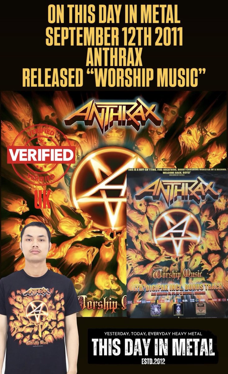 ThisDayInMETAL's tweet image. Sept 12th 2011 𝐀𝐧𝐭𝐡𝐫𝐚𝐱 released the album "Worship Music" #InTheEnd #ImAlive #TheDevilYouKnow #TheConstant #ThrashMetal 

𝐃𝐢𝐝 𝐲𝐨𝐮 𝐤𝐧𝐨𝐰..
The record debuted at number 12 in the United States, their highest chart position since 1993's Sound of White Noise.