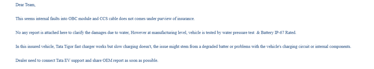 thelastjaedee's tweet photo. Took insurance from @ICICILombard , they took my EV to a non-EV service center for repair &amp; since then I have not been able to charge car. Now, they are denying inclusion of EV components from the insurance, with no such mention at the time of purchase. #IRDAI Help! https://t.co/g0WTmOdGKH
