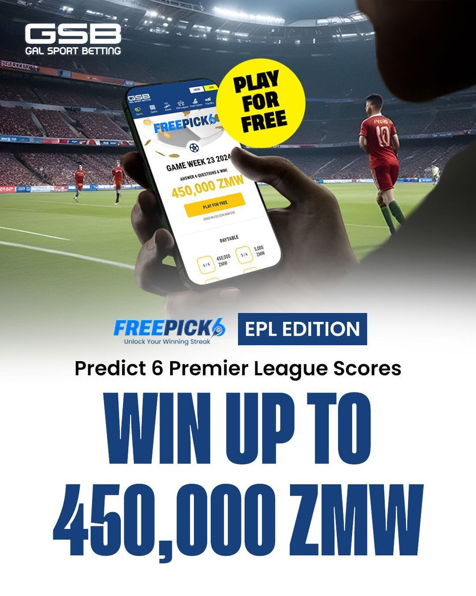 GSBZambia's tweet image. 🤩 PICK6 PUSH 🤩

✏️ FreePick6 is here and promise you big earnings!
✏️ Test yourself, predict the outcome of the fixtures and WIN!

👉 PLAY NOW 👉 buff.ly/ZgZVljF

#GSBZambia #galsportbetting #predictscore
