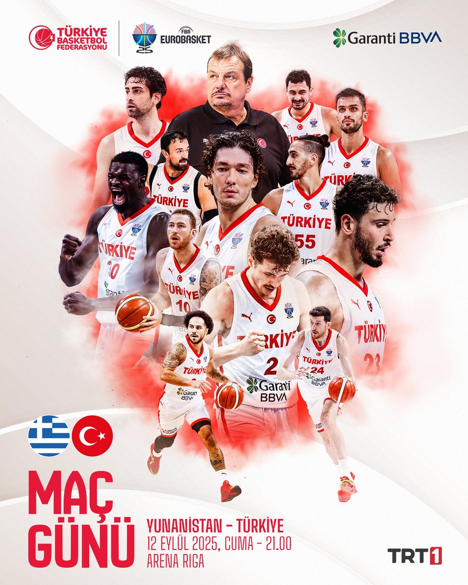 TBF (@tbf) on Twitter photo MAÇ GÜNÜ! 🇹🇷
FIBA 2025 Avrupa Şampiyonası yarı final maçında 12 Dev Adam’ın rakibi Yunanistan. 🏀
🇬🇷 Yunanistan-Türkiye 🇹🇷
🏟️ Arena Riga
📆 12 Eylül 2025, Cuma
⏰ 21.00
📺 TRT1
<a href="/GarantiBBVA/">Garanti BBVA</a>
#BuYolculukHepimizin #EuroBasket MAÇ GÜNÜ! 🇹🇷
FIBA 2025 Avrupa Şampiyonası yarı final maçında 12 Dev Adam’ın rakibi Yunanistan. 🏀
🇬🇷 Yunanistan-Türkiye 🇹🇷
🏟️ Arena Riga
📆 12 Eylül 2025, Cuma
⏰ 21.00
📺 TRT1
<a href="/GarantiBBVA/">Garanti BBVA</a>
#BuYolculukHepimizin #EuroBasket