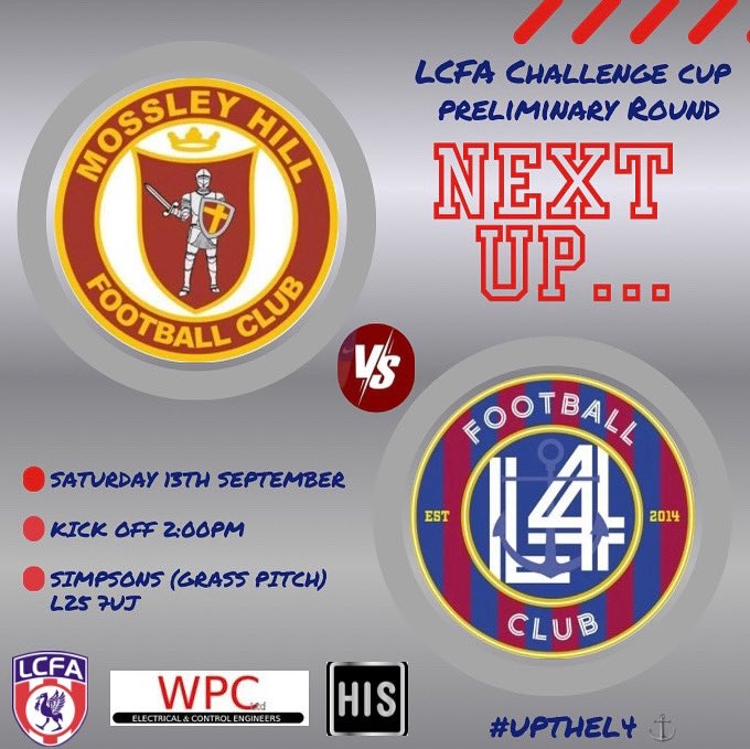 On the road this Saturday to face current champions <a href="/MossleyHill_FC/">Mossley Hill Athletic FC</a> in the <a href="/Liverpool_CFA/">Liverpool FA</a> Challenge Cup. Undoubtedly a really tough tie but one we are looking forward to. Kick off at Simpsons (grass pitch) is 2pm, your support would be appreciated. #L4 ⚓️🏆