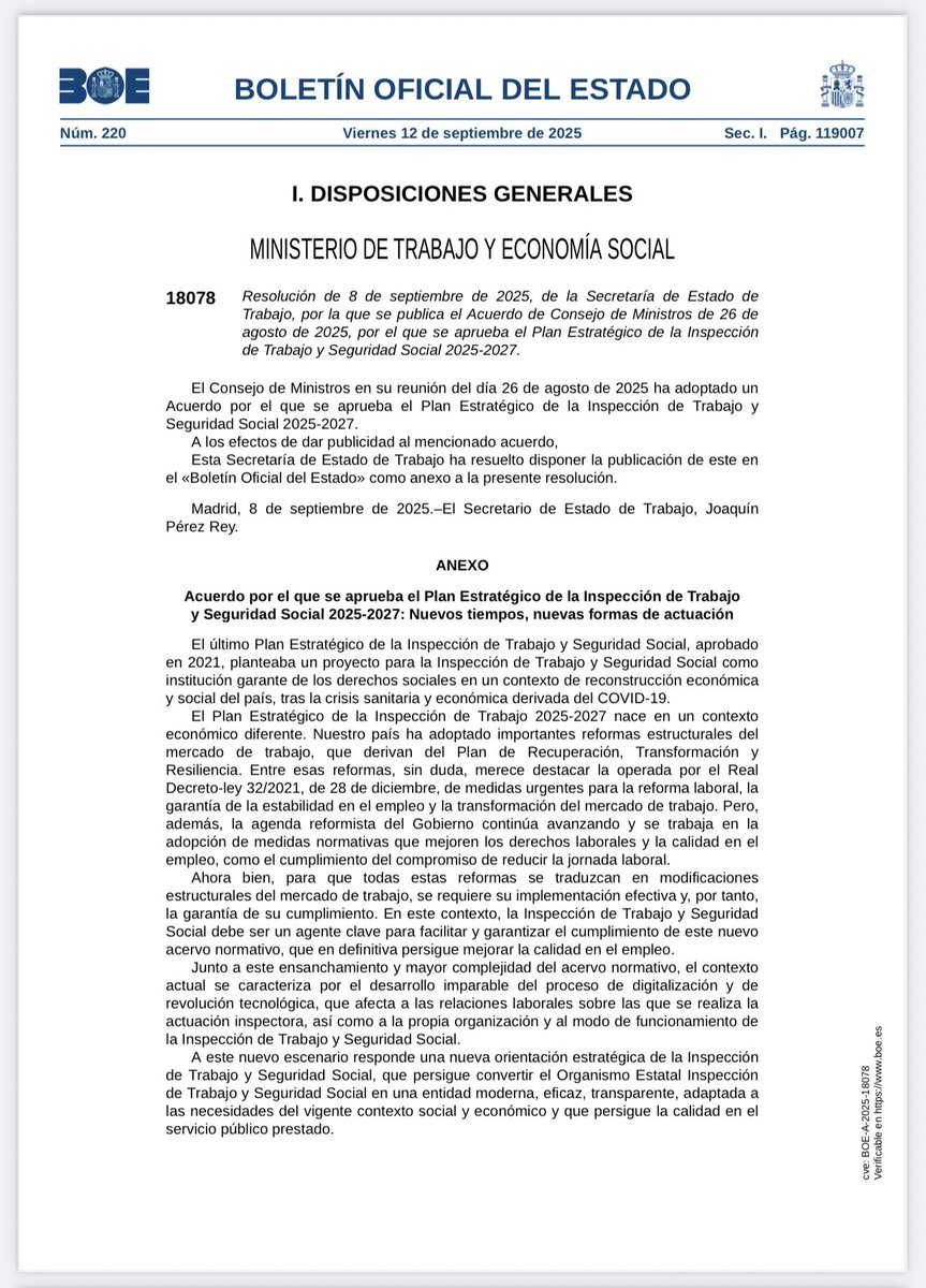 🔵 #BOE 12.9.2025: Aprobación del Plan Estratégico de la Inspección de Trabajo y Seguridad Social 2025-2027.

🔗 boe.es/boe/dias/2025/…