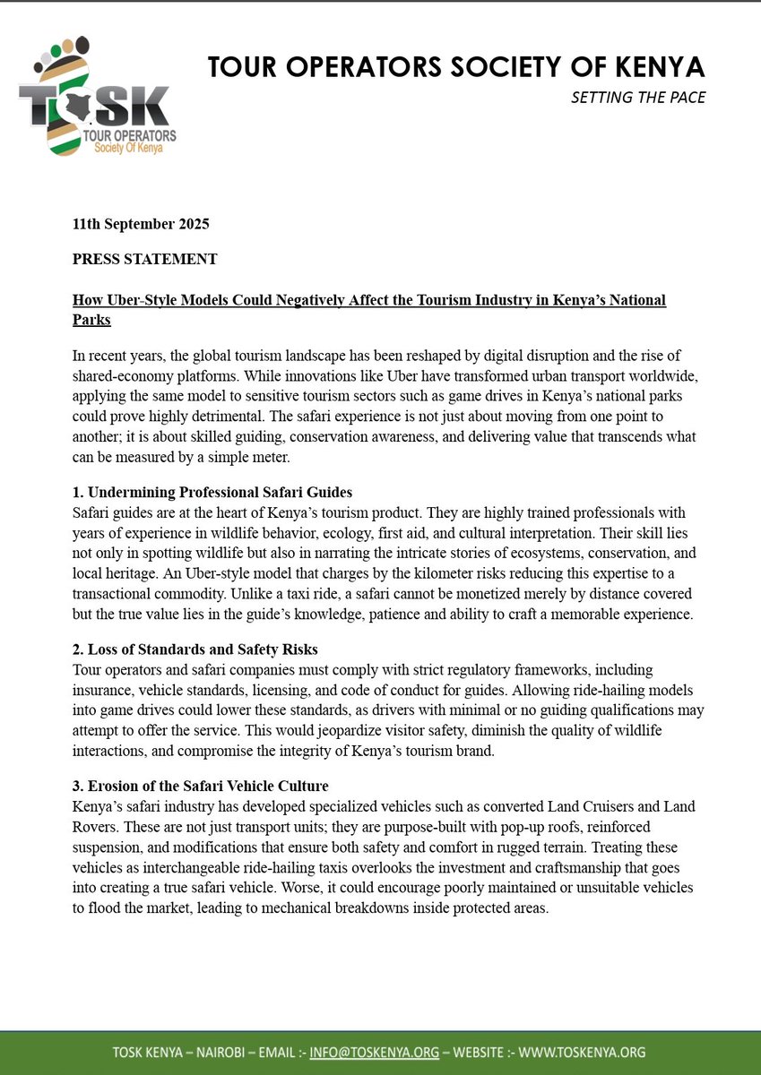 ToskKenya's tweet image. “Uberizing” safaris risks harming Kenya’s tourism industry.

Safaris are about skilled guides, conservation &amp;amp; unique visitor experiences not just transport.

Tech should enhance, not erode, our safari heritage. 

@KWSKenya
@TRA_ke 

  #uberizing #Conservation #TOSKsettingthepace