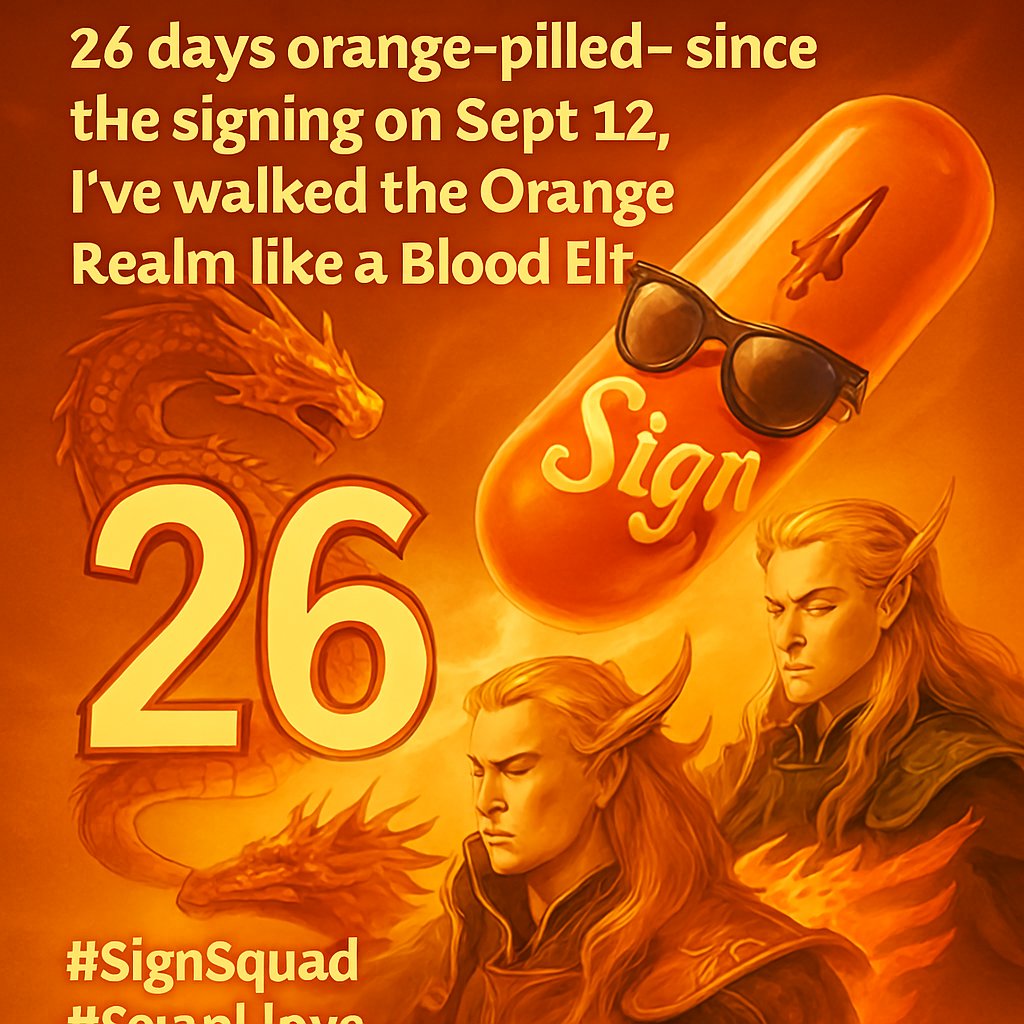 janr33's tweet photo. 🍊💊26 days orange-pilled—since Sept 12, I’ve walked the Orange Realm like a Blood Elf with capsule mana. We build together, we grow stronger, and we shine brighter. 🐉🚀🕶️ #SignSquad #OrangeDynasty #SquadRise
@ethsign @sign @Signphilippines @realyanxin https://t.co/k5ExC0uGY3