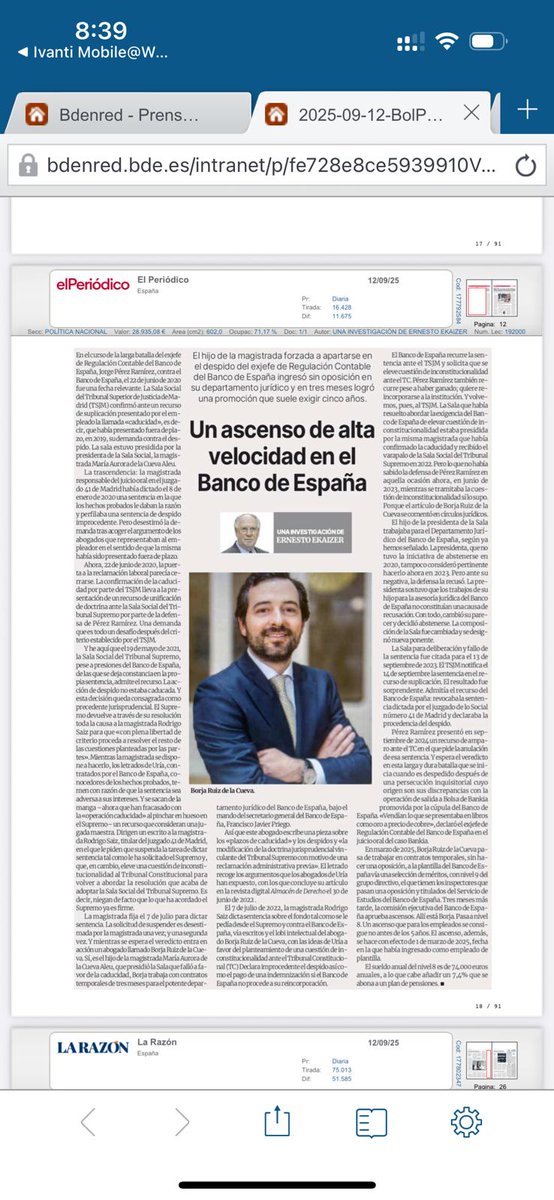 Lean mi información sobre el caso del abogado, hijo de la presidenta de la Sala Social del TSJM, cuya entrada en el Banco de España y ascenso en 3 meses es más que meteórica...