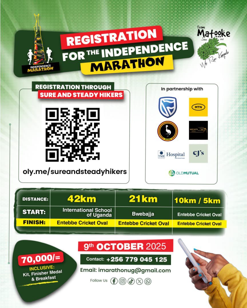 The countdown is on! 
Join the Independence Marathon  this 9th Oct 2025 
42km 🥇 | 21km 🥈 | 10km/5km 🥉
Scan the code  to register &amp; pay with ease!
Huge thanks to our amazing sponsors <a href="/stanbicug/">Stanbic Bank Uganda</a> <a href="/mtnug/">MTN Uganda</a> <a href="/TMR_IntHospital/">TMR International Hospital</a> <a href="/OldMutualUganda/">Old Mutual Uganda</a> <a href="/CJs__256/">CJ's</a> <a href="/Mighty_ridesug/">MIGHTY RIDES</a> for support